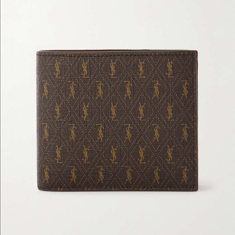 NWT Saint Laurent Leather-Trimmed Monogrammed Coated-Canvas Billfold Wallet